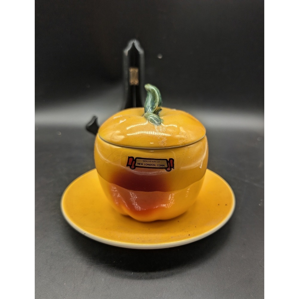 Vintage Germany Ceramic Apple Jam Jar Souvenir Yellow Sauce Attached Underplate